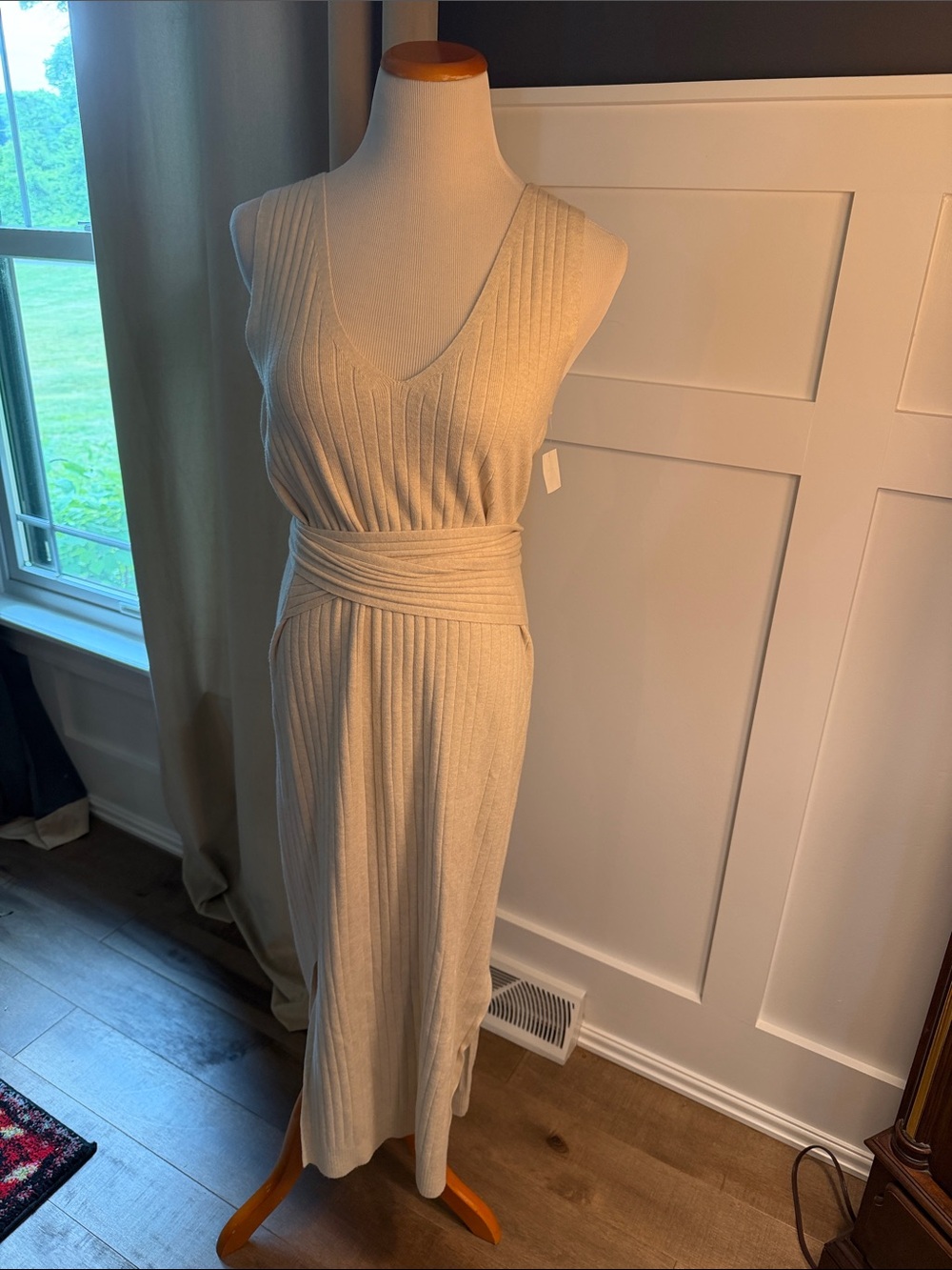 Treasure & Bond Cream Ribbed Wrap-Waist Maxi Dress